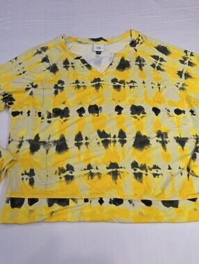 CAbi MEDIUM Yellow Green Tie Dye Atomic Pullover Split Neck Sweatshirt Top Boho